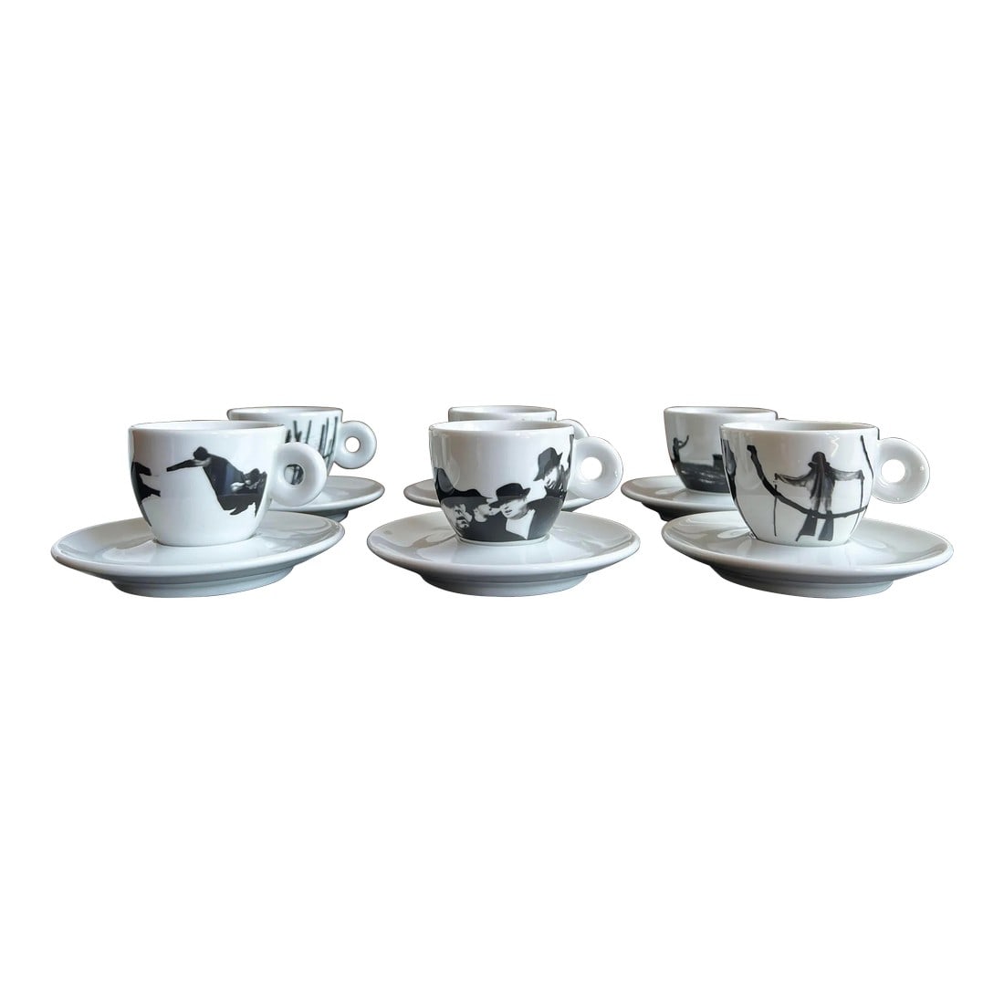 Rare Mario Giacomelli for Illy Set of Espresso Cups & Saucers - Set of 6: Beautiful and rare set of 6 vintage c.1997 espresso cups and saucers designed by Mario Giacomelli for Illy, produced by Mitterteich of Germany! Each cup is individually numbered as this was a limited 