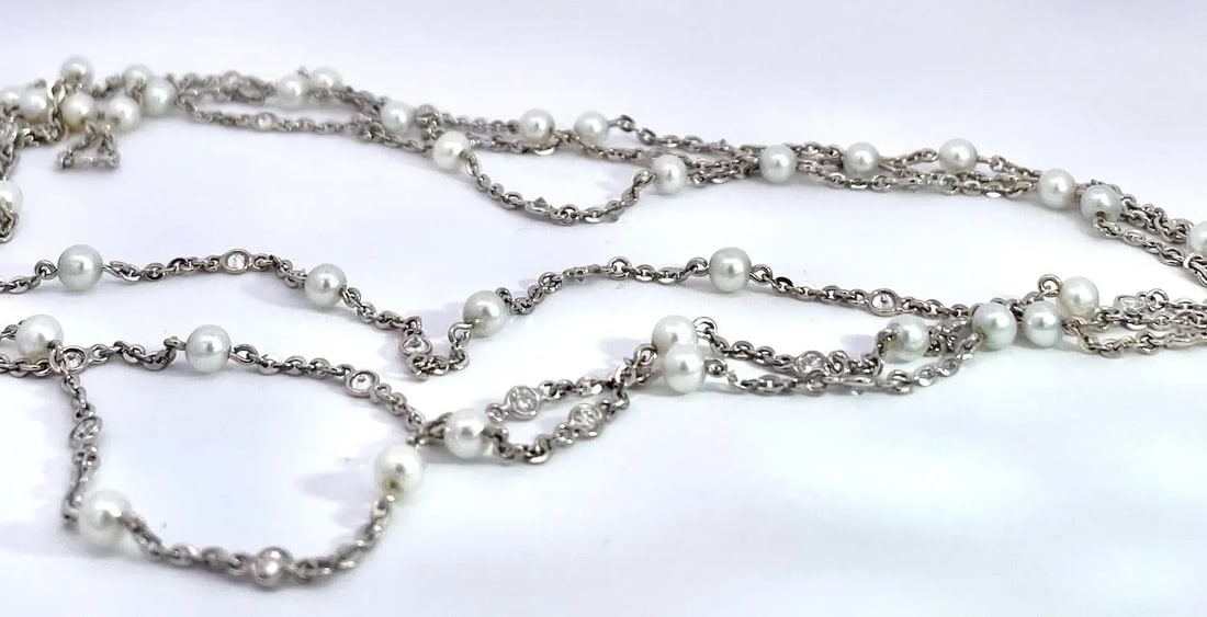 Seed Pearl Diamond Platinum 52" Long Necklace - 3