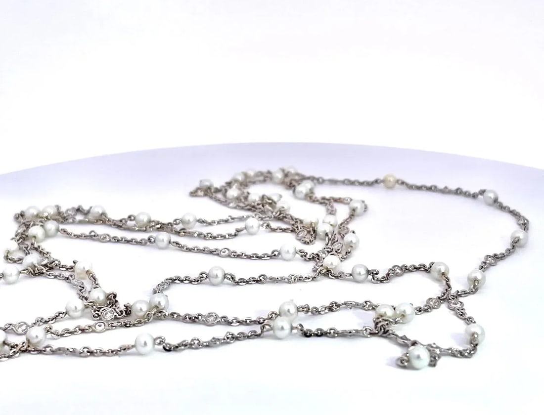Seed Pearl Diamond Platinum 52" Long Necklace - 4