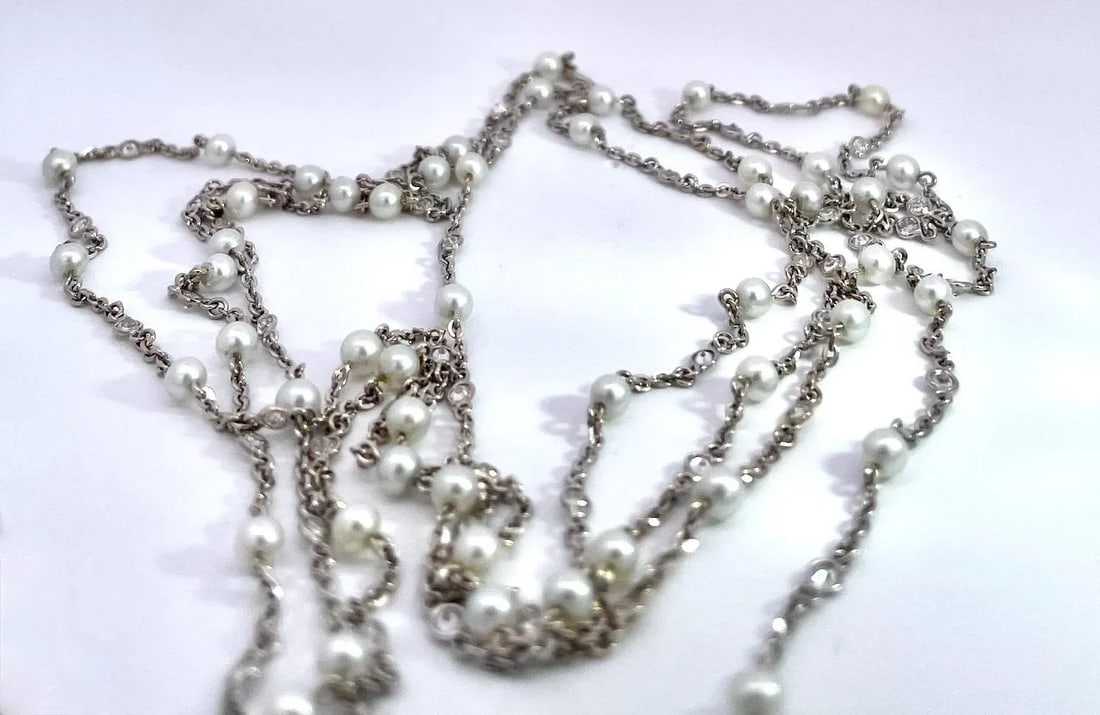 Seed Pearl Diamond Platinum 52" Long Necklace - 6
