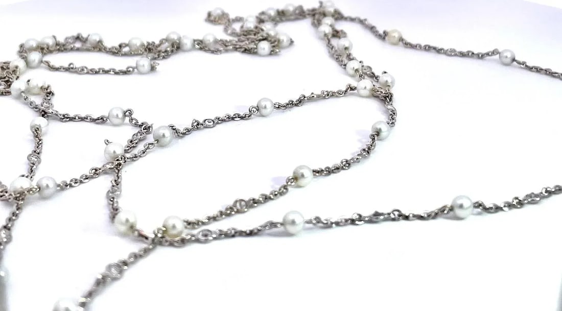 Seed Pearl Diamond Platinum 52" Long Necklace - 7