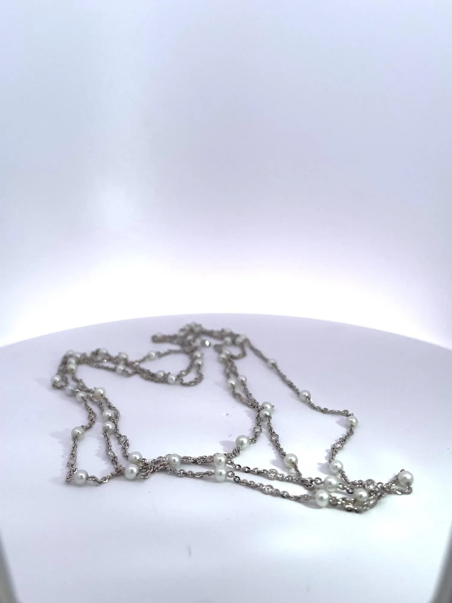 Seed Pearl Diamond Platinum 52" Long Necklace - 9