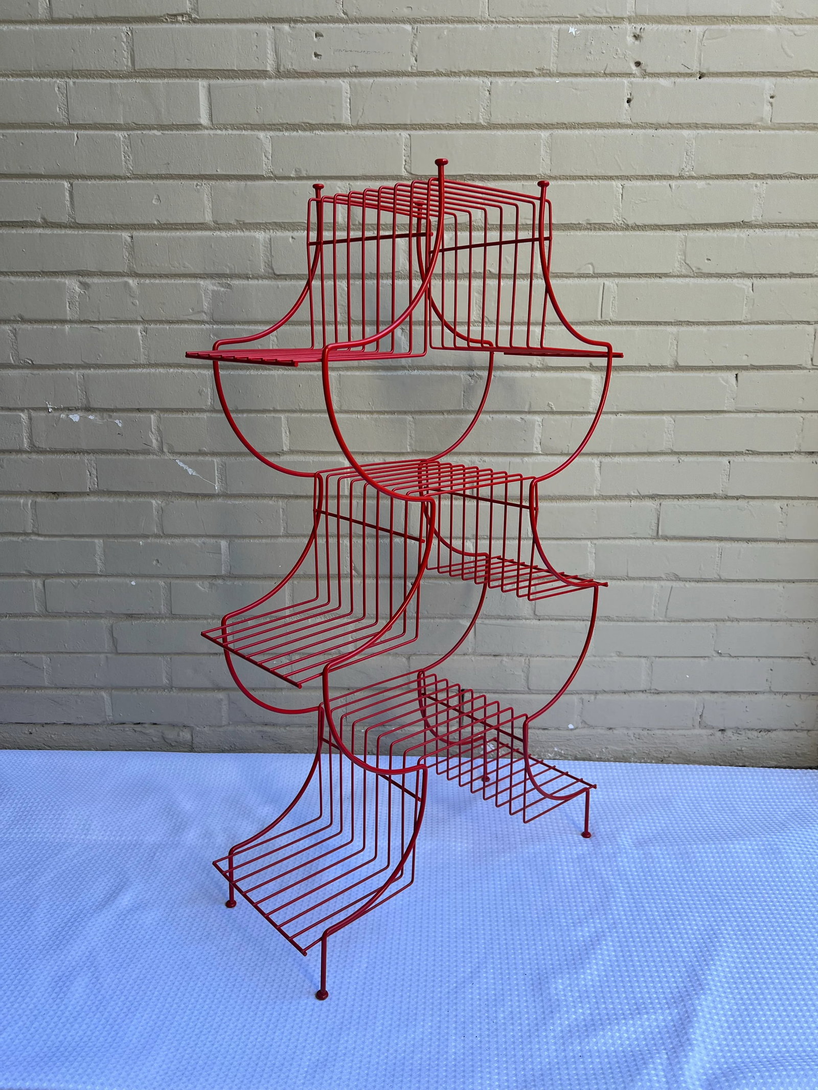 Vintage Mid-Century Atomic Pagoda Nine Tier Tole Plant Stand - Newly Painted Red - 3