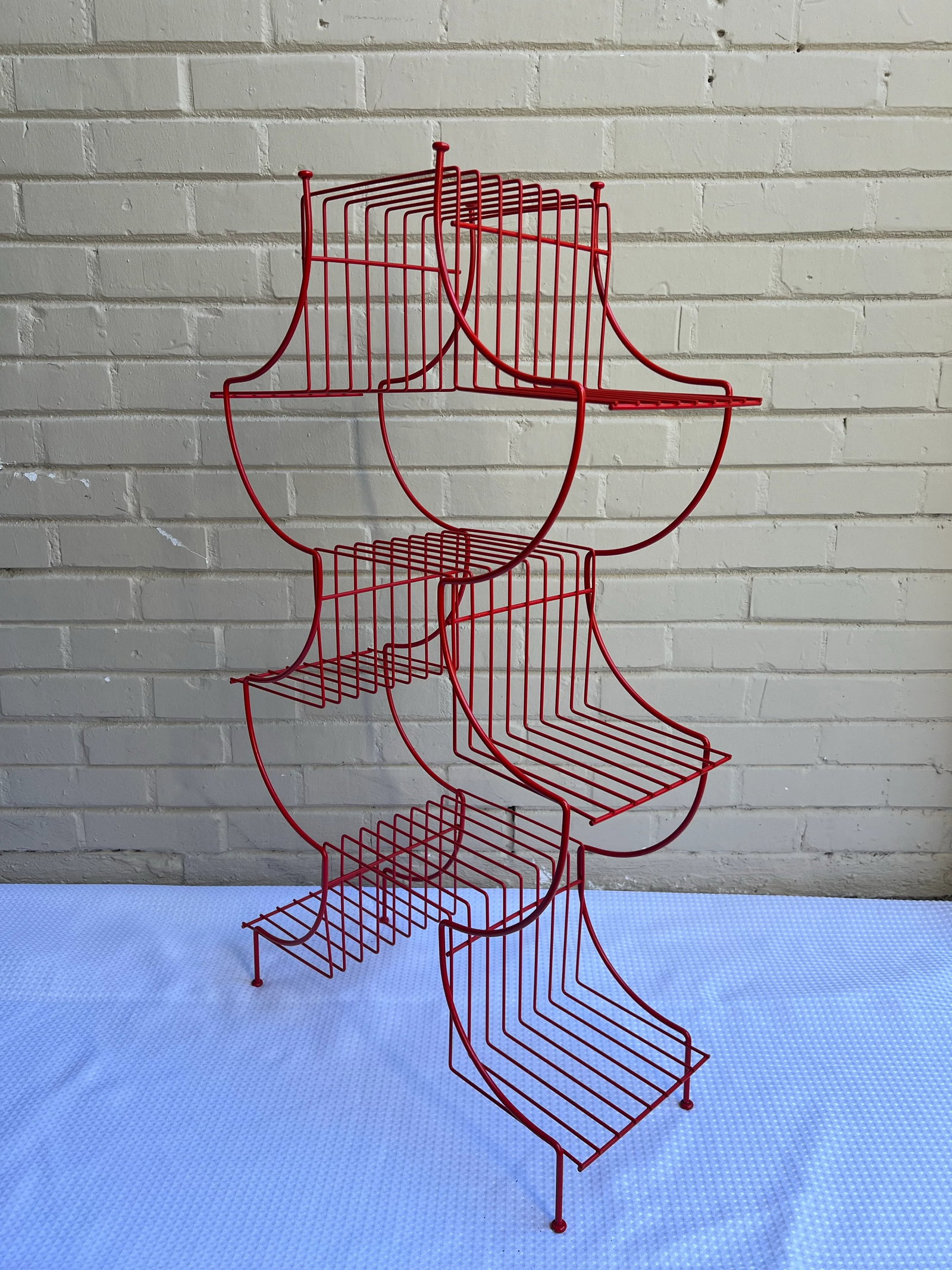 Vintage Mid-Century Atomic Pagoda Nine Tier Tole Plant Stand - Newly Painted Red - 4