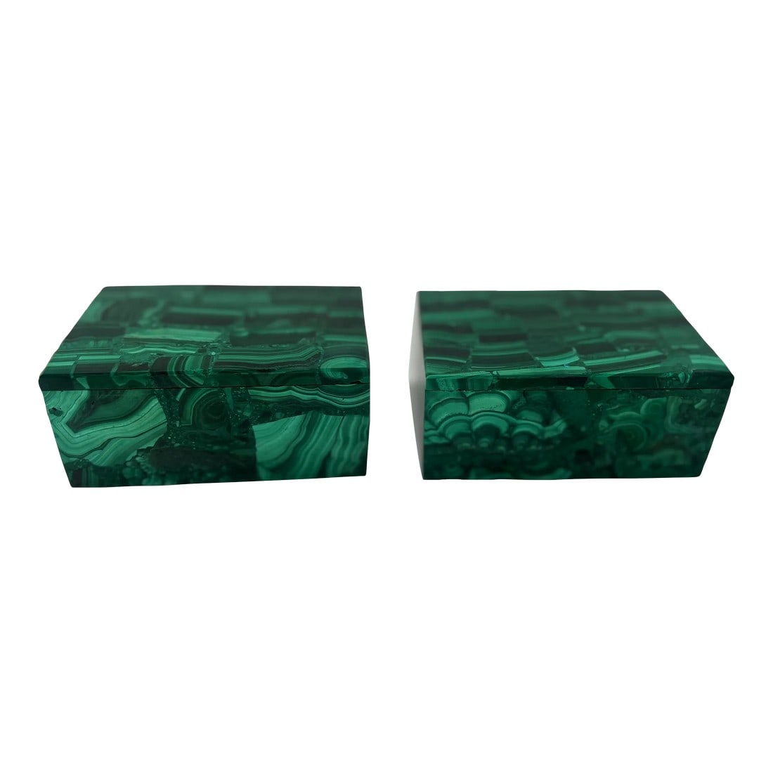 Vintage Pair of Malachite Gemstone Lidded Boxes: Probably Italian, 20th century. A pair of malachite boxes, with matched gemstone across the surfaces. Unmarked. Condition: Alterations: Original Condition Unaltered Imperfections: Some Imperfections