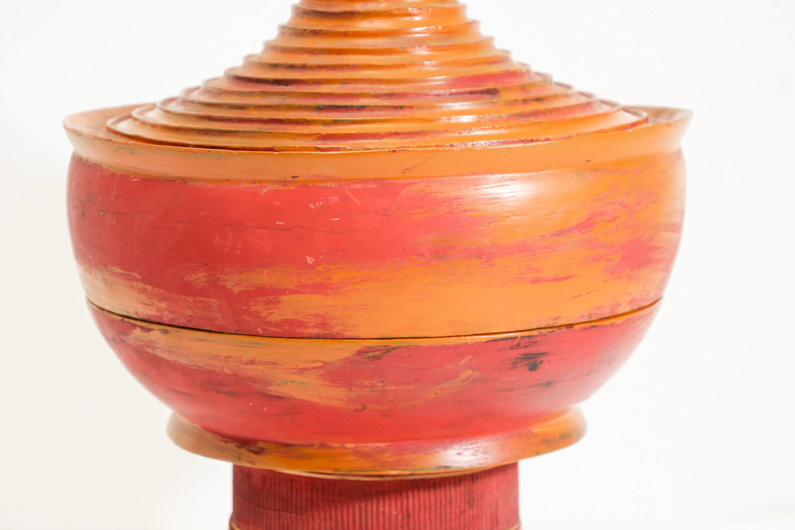 Burmese Red Carved Wood Temple Offering Box Basket - 10