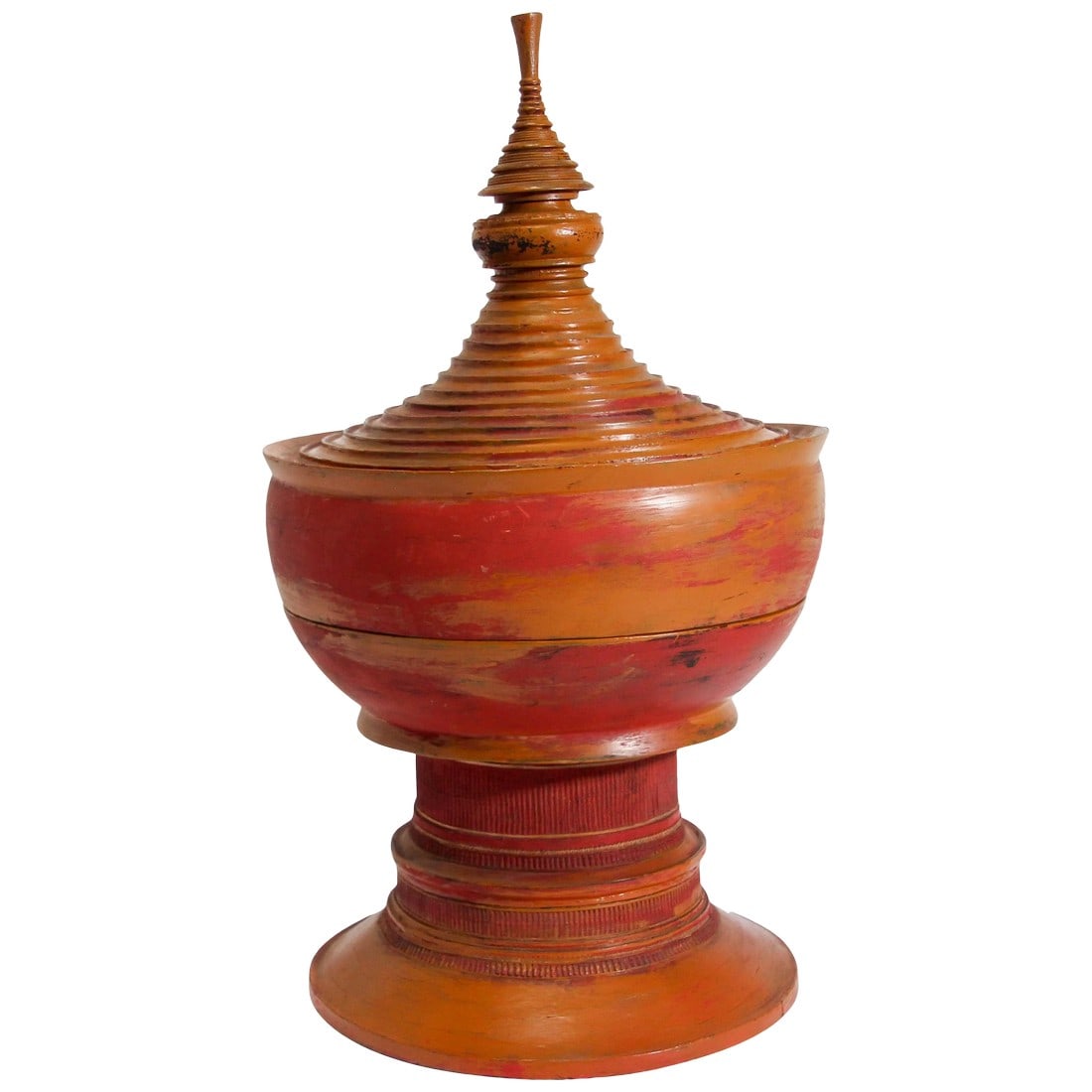 Burmese Red Carved Wood Temple Offering Box Basket: Burmese red lacquered temple offering box called "Hsunok". Burmese offering basket made of carved bamboo wood painted and lacquered in hues of red and oranges. The lid adopts a Burmese temple shape, w