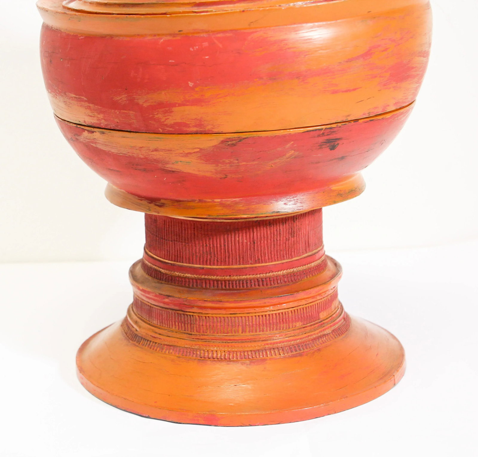 Burmese Red Carved Wood Temple Offering Box Basket - 2
