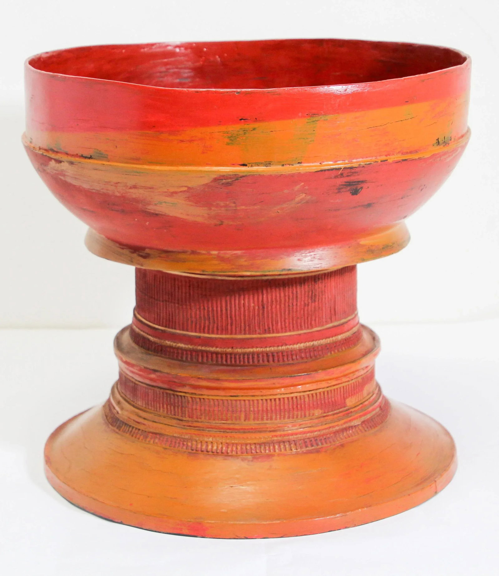 Burmese Red Carved Wood Temple Offering Box Basket - 4