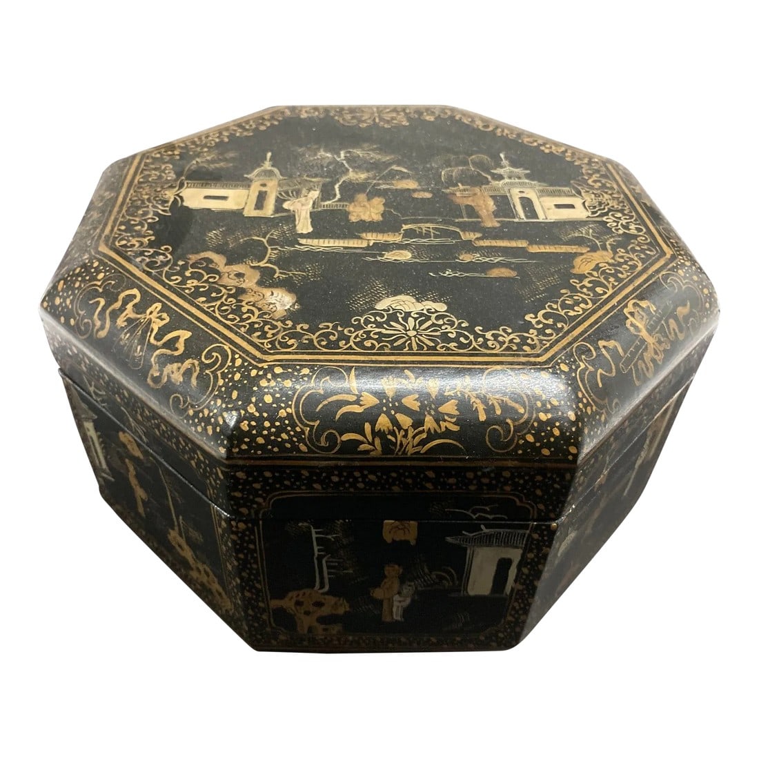 Large Chinese Tea Box Black Lacquered Gilt Hand Painted Octagonal Box 1940s (1 of 12)