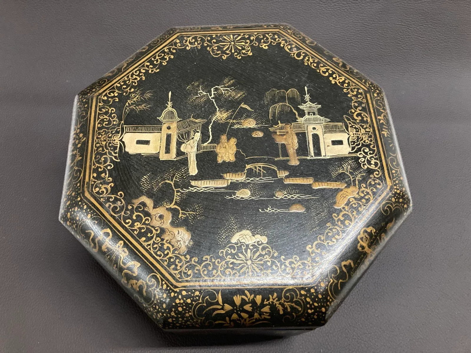 Large Chinese Tea Box Black Lacquered Gilt Hand Painted Octagonal Box 1940s - 2