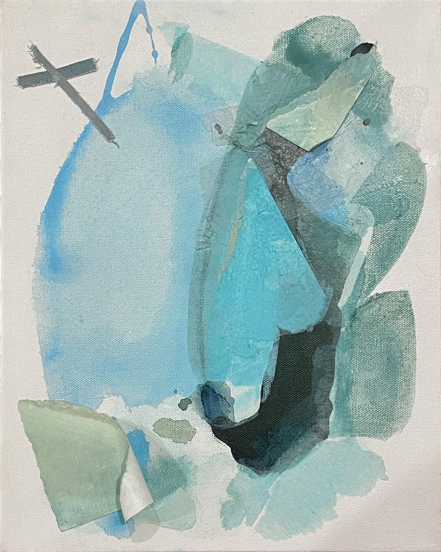 Tootle Original Abstract Painting by Stacey Warnix: Tootle is a small dimensional, abstract collage painting that served as an experimental study for the artist in planning larger artworks. The painting is stretched on 1.5" deep stretcher bars with whi