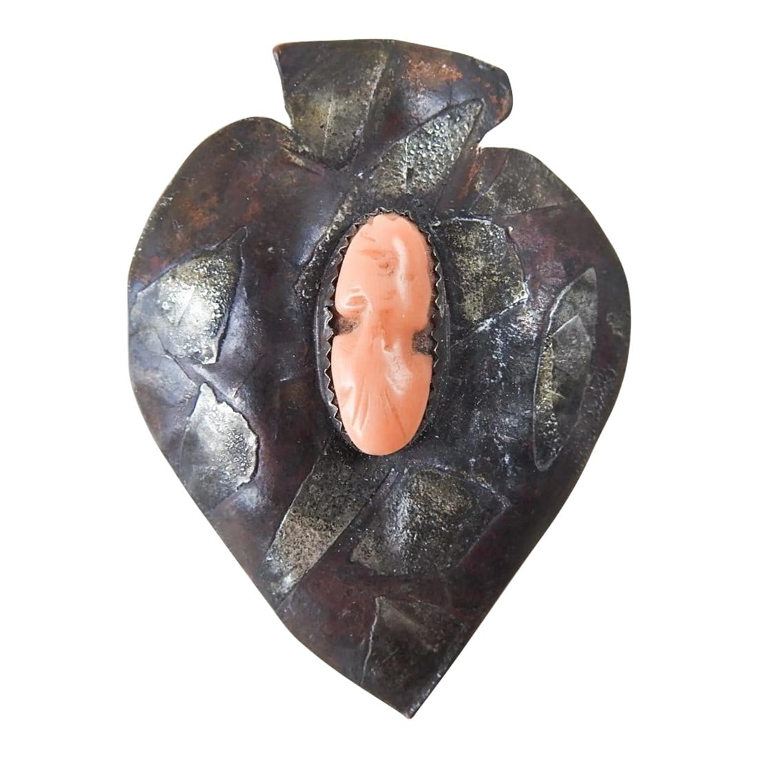 1995 Alejandro Sifuentes Milagro Heart Brooch or Pendant: 1995 copper, silver and pink coral cameo pendant or brooch by Alejandro Sifuentes (20th/21st century) Texas. Signed, dated and titled "Milagro Para la Muer Fuerte" (Miracle for the Strong Woman).