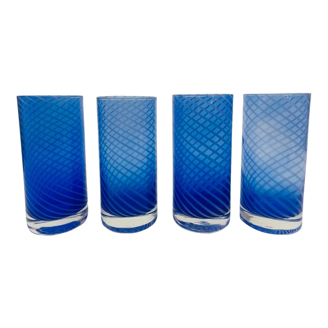 Cobalt Blue Drinking Glasses Set of 4 Spiral Tumblers 1980s: Set of 4 handmade cobalt blue candy stripe crystal drinking glasses tumblers highball barware in French Maison Baccarat style. Fabulous hand blown vintage cobalt blue tumblers drinking glasses in
