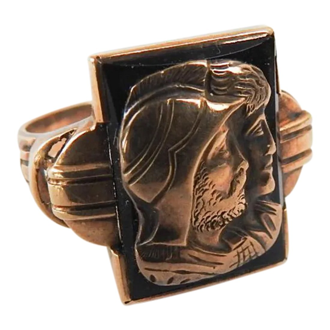 Early 20th Century 10k Gold Onyx Profile Ring: Vintage early 20th century 10K gold and black onyx ring, size 8.5. Gold man and woman relief profile on black onyx, marked 10K inside band. Overall light surface wear. Condition: Alterations: