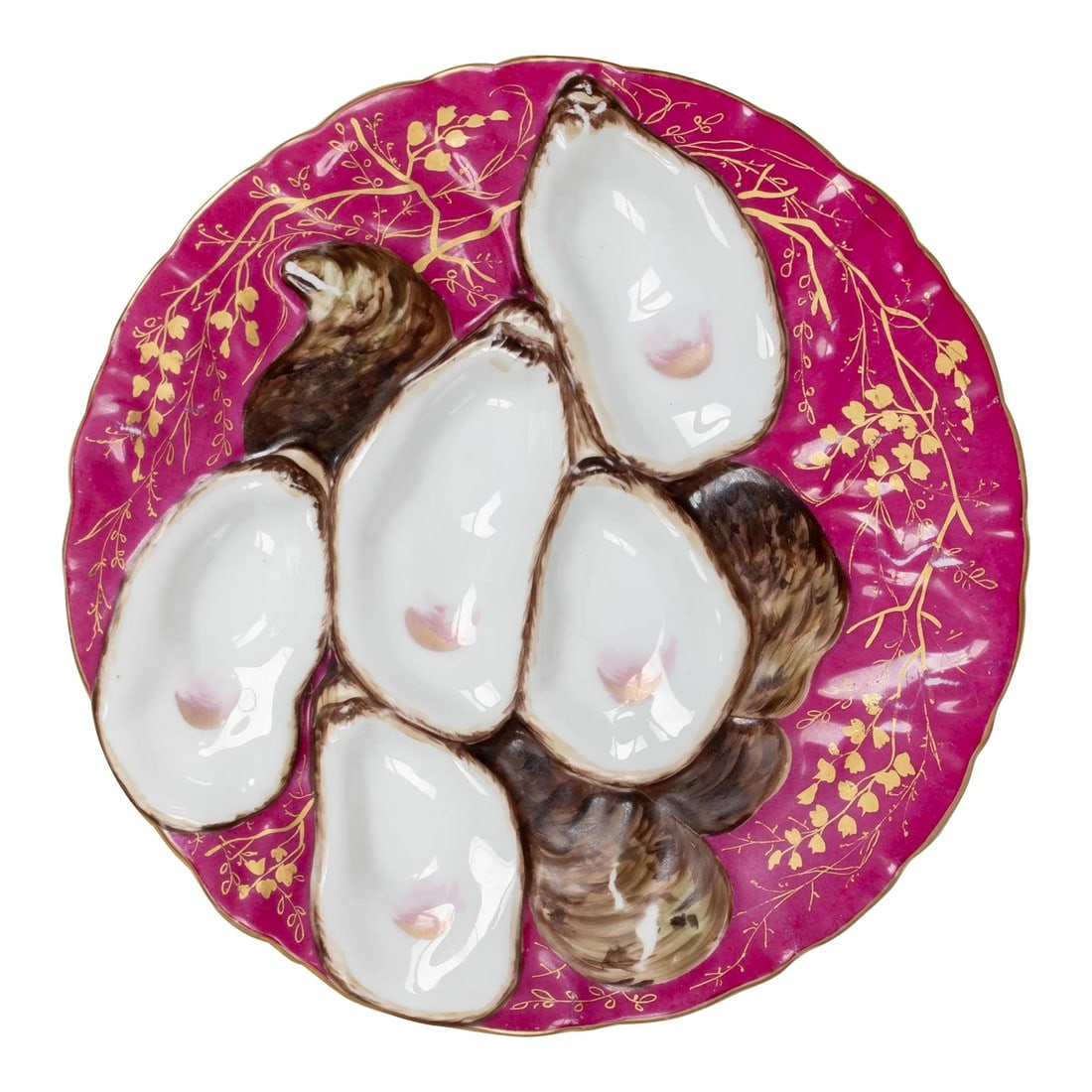 19th Century Haviland Limoges Turkey Oyster Plate: A 19th Century French turkey oyster porcelain plate with five white wells on cranberry ground. Decorated with delicate hand-painted gilt branches and gilt trimmed rim. Unmarked. Circa 1880-1900.