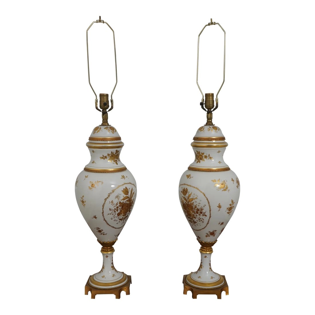 Pair Limoge Porcelain Urn Large Table Lamps: Age: C.1920s - Later Converted To Lamps Details: Vintage Limoge High Quality Construction Stunning Gold Details Limoge Style Condition: Excellent Condition Size: 9w x 9d x 40h Urns- 9w x 9d x 25h <