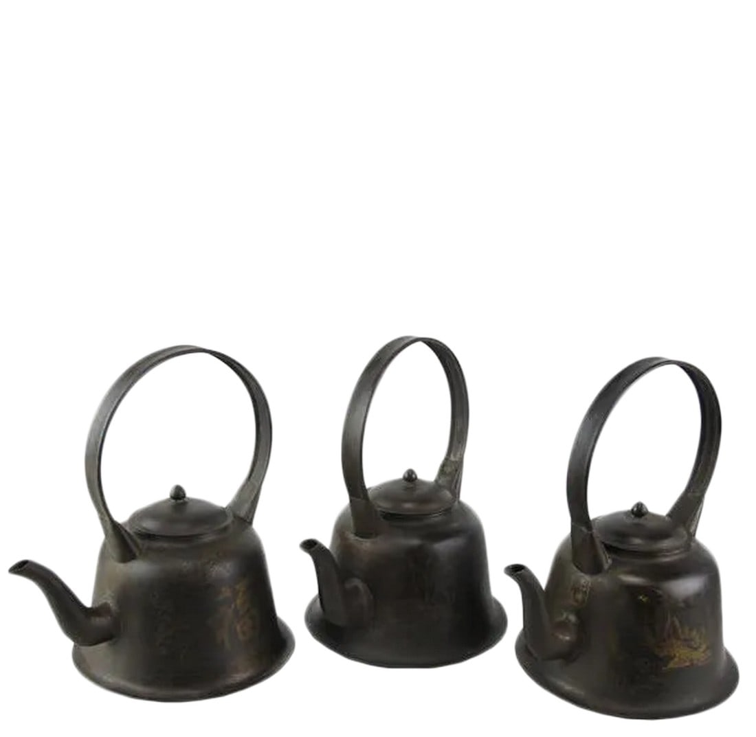 Copper Decorative Beijing Teapots - Set of 3: Those 3 light copper tea pots are reproduction of traditional Chinese teapot. They are hand made with hand painted Chinese character ç¦ (Good Luck) on the one side and painting on the other 