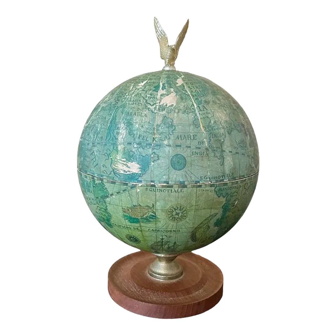 Mid 20th Century Vintage Bar Globe: Fabulous mcm globe that opens to a bar! An amber colored plastic decanter and five amber plastic shot glasses. This in an office or man cave will increase your level of cool for sure. Beauty and