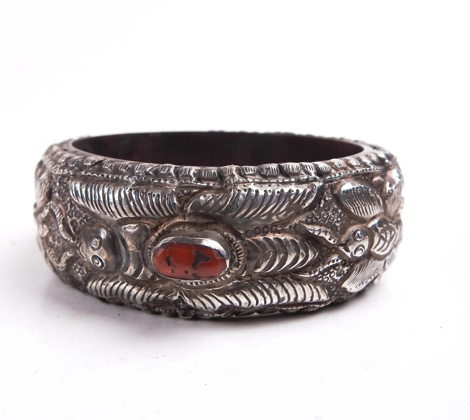 Vintage Tribal Repousse Silver and Coral Bracelet - 2