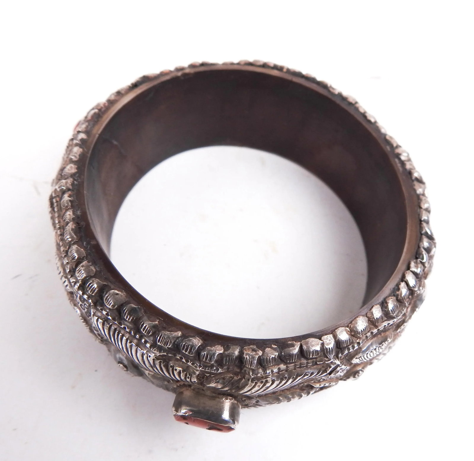 Vintage Tribal Repousse Silver and Coral Bracelet - 3