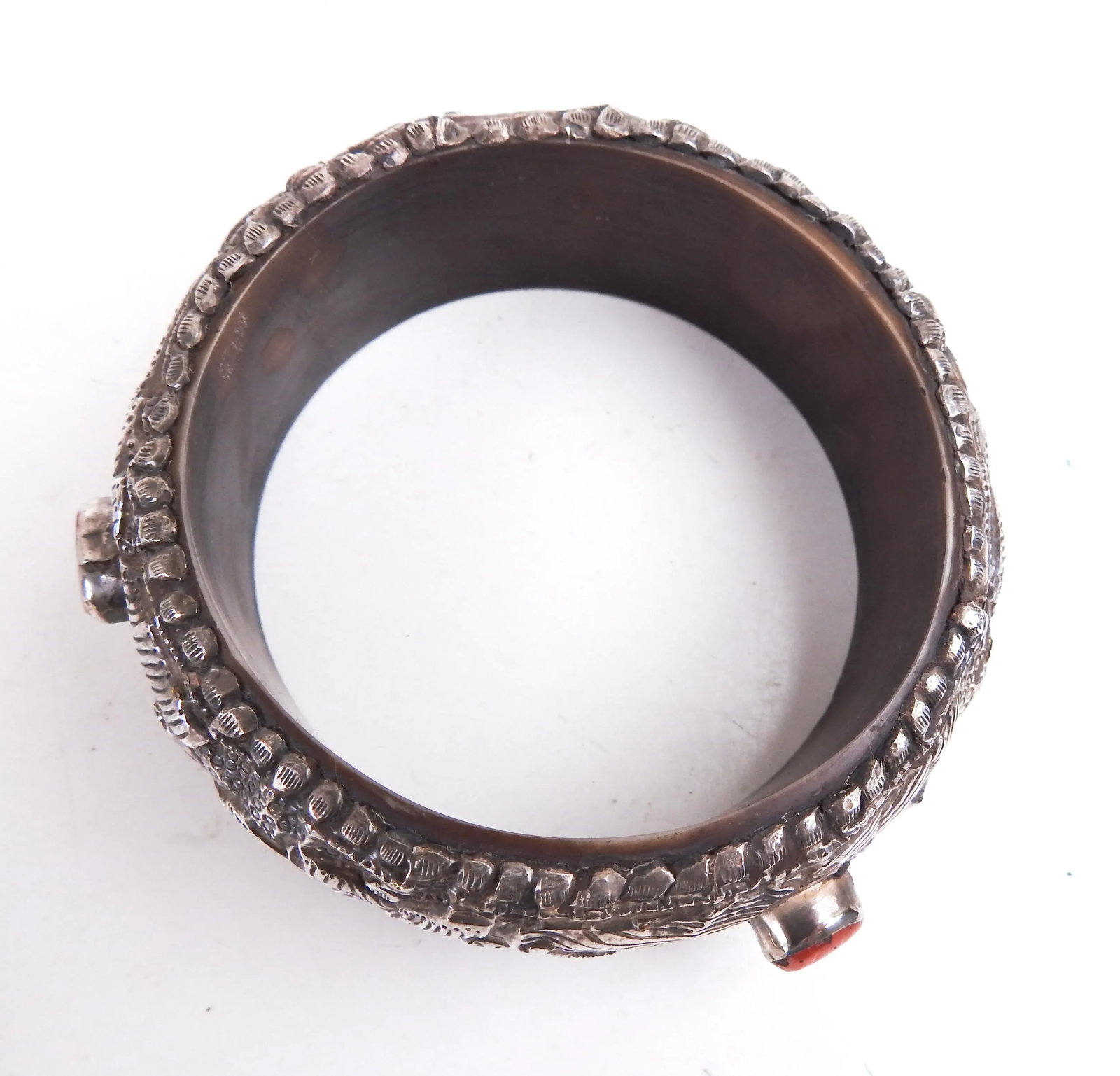 Vintage Tribal Repousse Silver and Coral Bracelet - 4