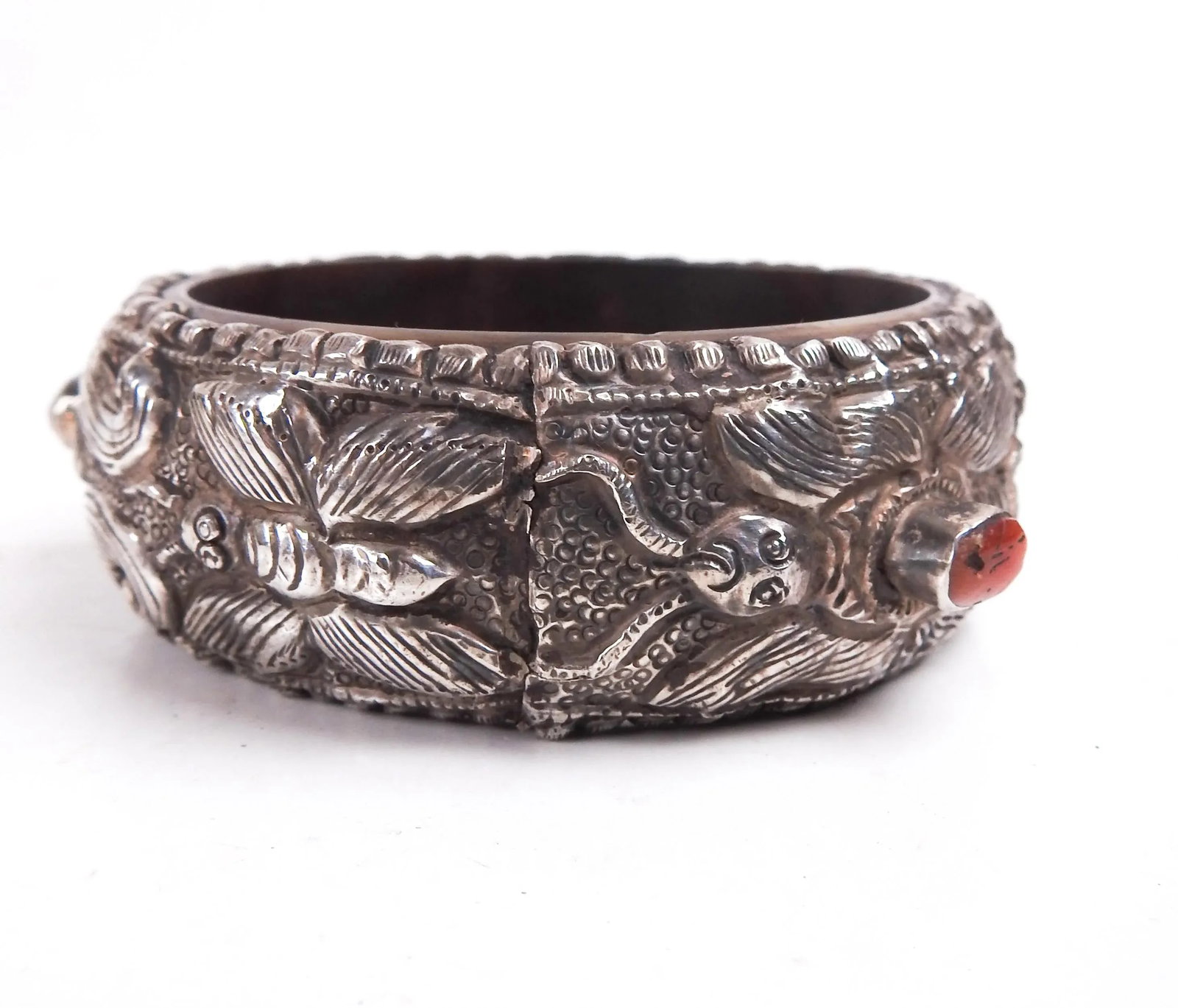 Vintage Tribal Repousse Silver and Coral Bracelet - 5