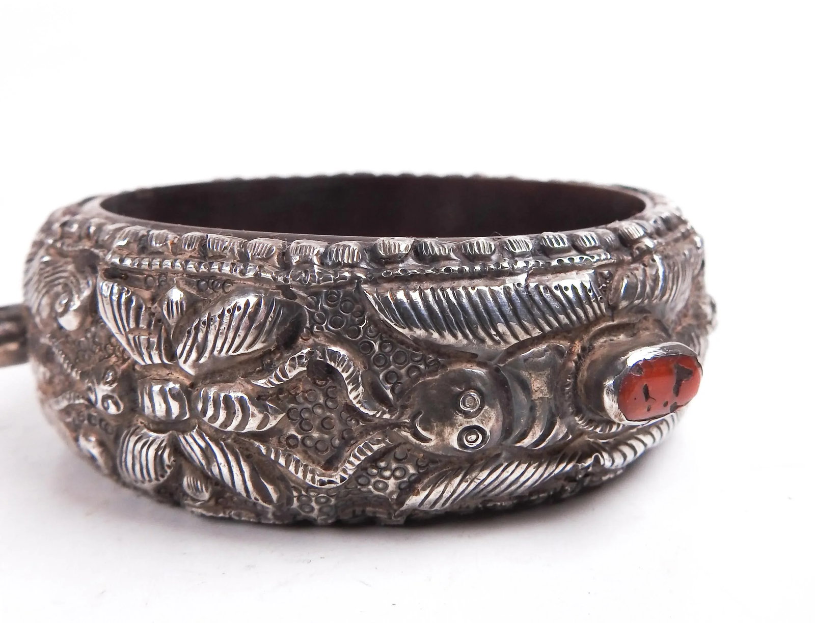 Vintage Tribal Repousse Silver and Coral Bracelet - 6