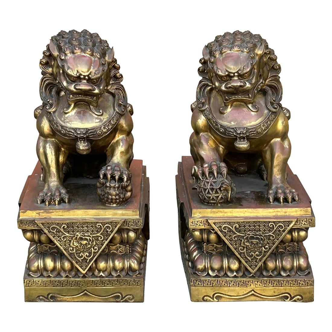 Pair Chinese Light Brown Copper Metal Foo Dog Lion Fengshui Figures: Enhance your space with the Pair of Chinese Light Brown Copper-Colored Metal Foo Dog Lion Statues with Pedestal Base, a refined blend of artistry and Feng Shui tradition. These statues are crafted