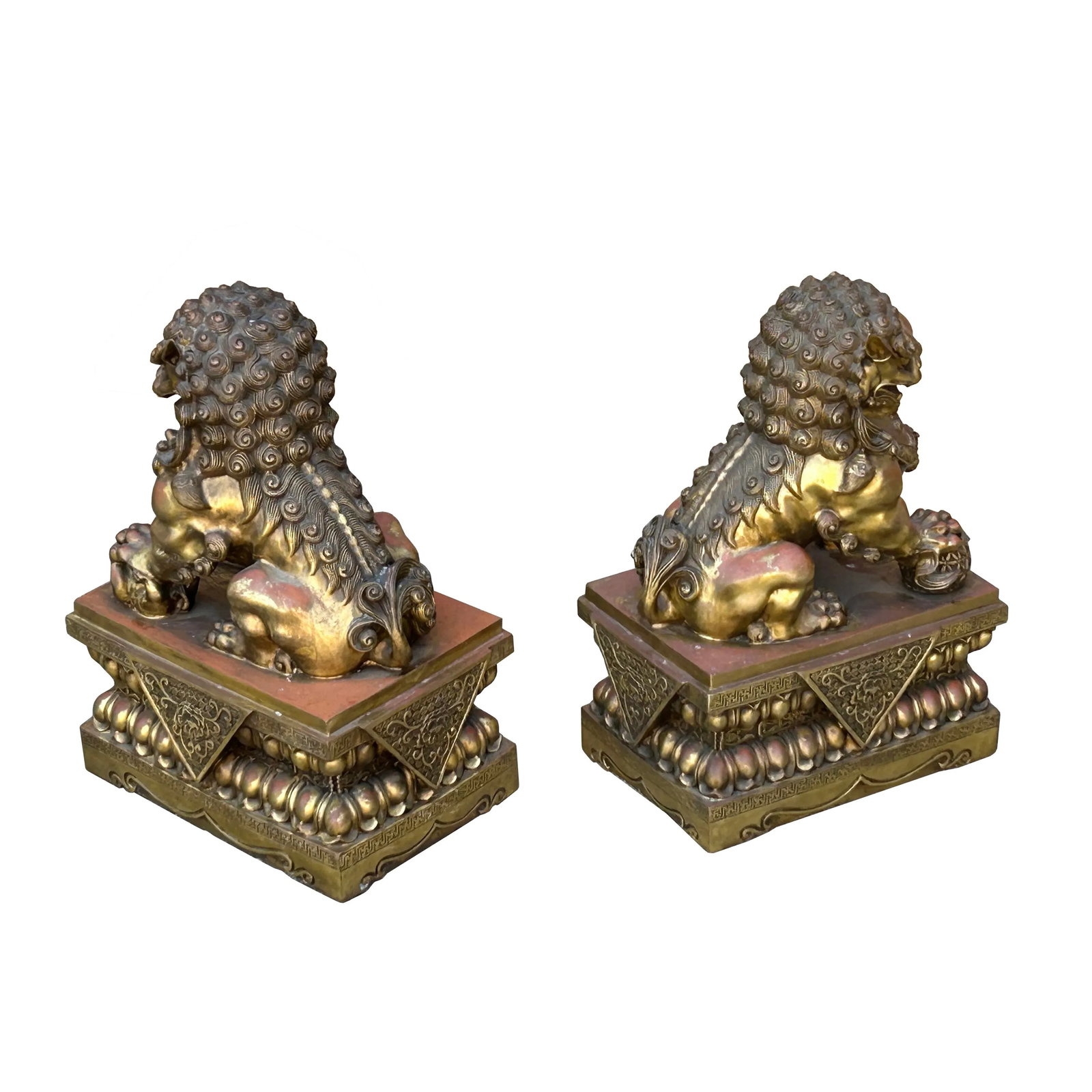 Pair Chinese Light Brown Copper Metal Foo Dog Lion Fengshui Figures - 3