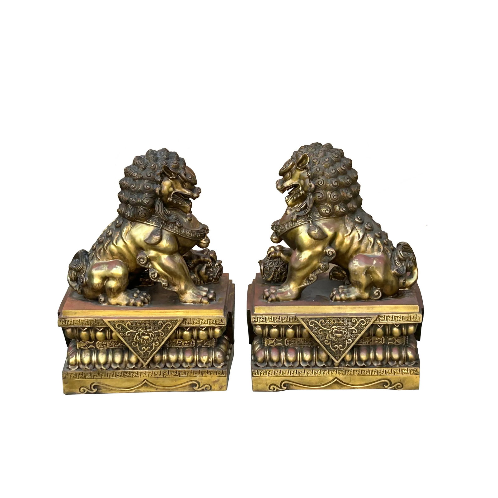 Pair Chinese Light Brown Copper Metal Foo Dog Lion Fengshui Figures - 6