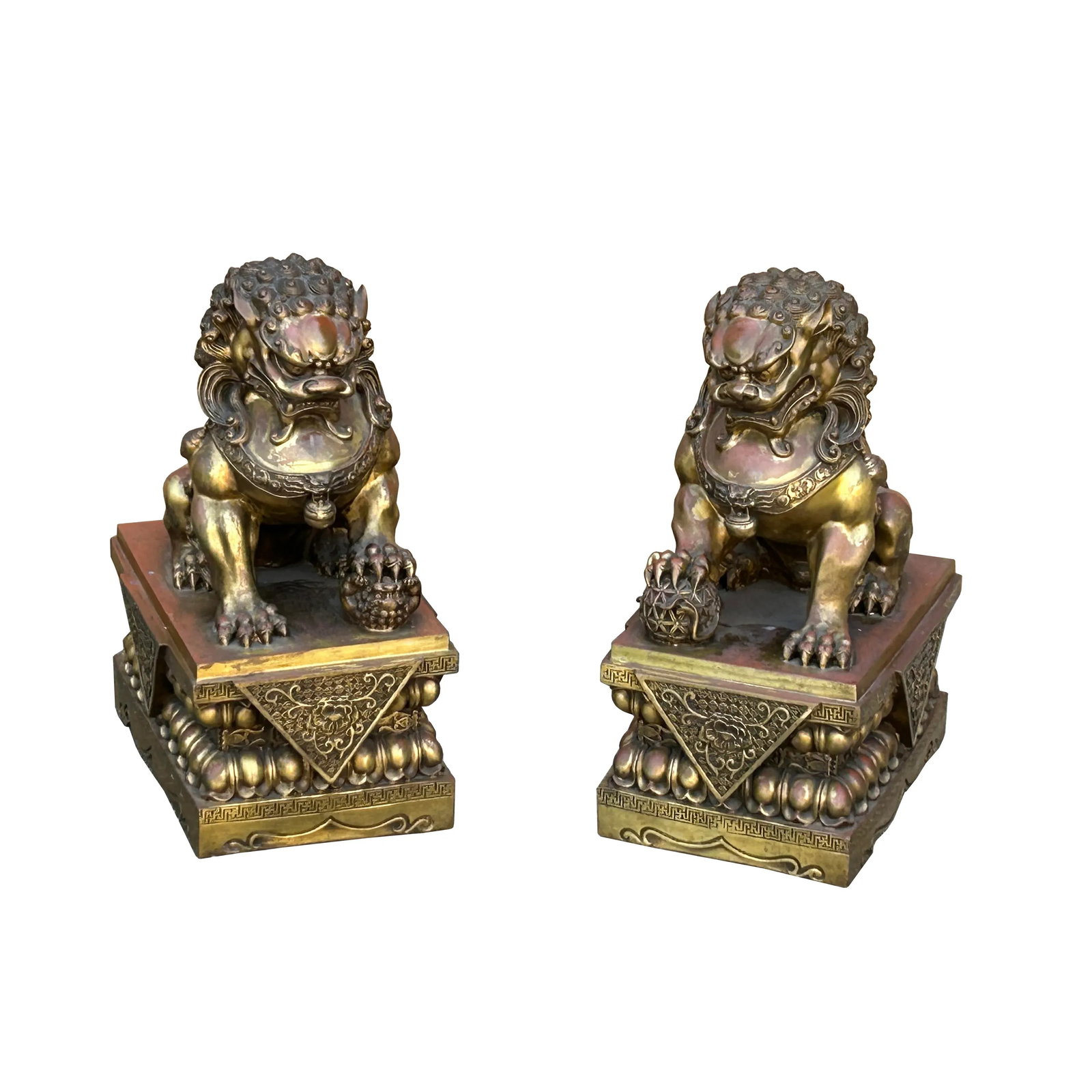Pair Chinese Light Brown Copper Metal Foo Dog Lion Fengshui Figures - 7