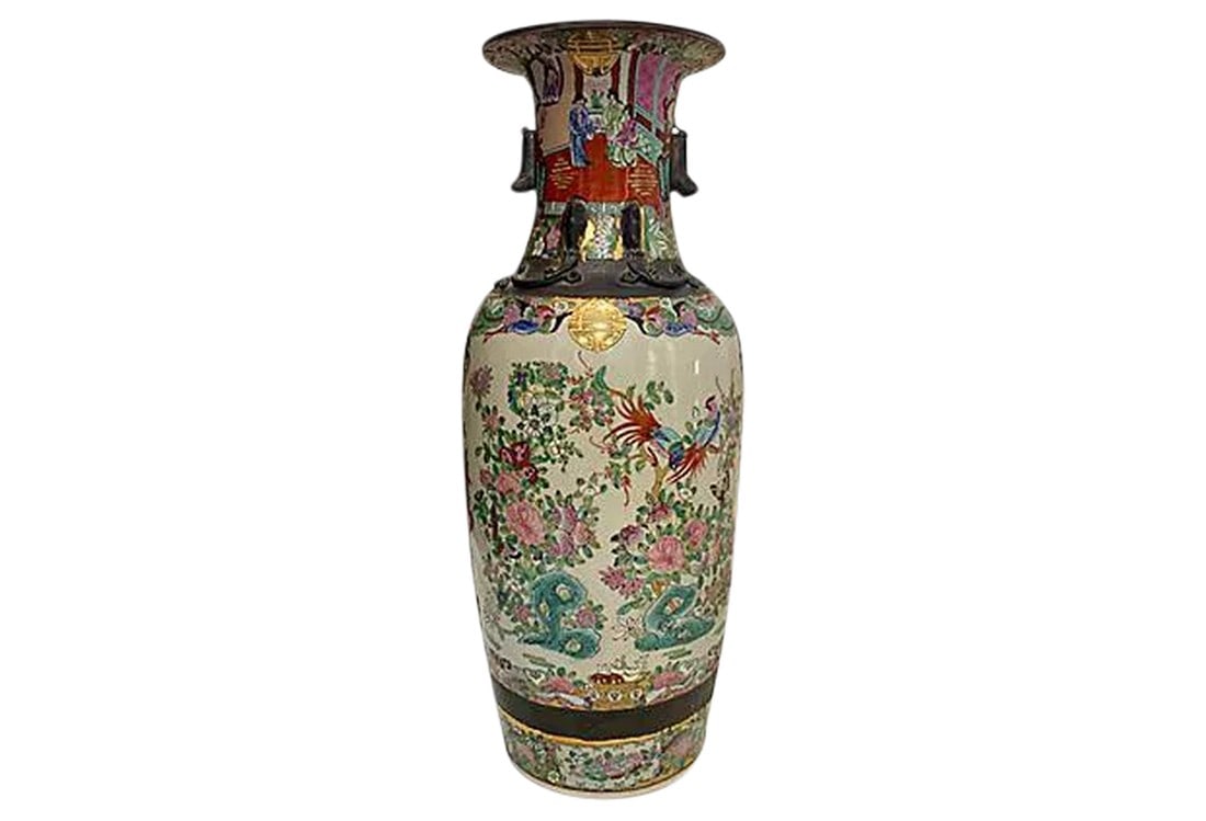 Famille Rose Chinese Floor Vase: Colorful 24 inch famille rose hand thrown pottery vase with applied slate colored foo dog handles and high relief dragons. The entire body is artisan decorated with intricate enameled garden and famil
