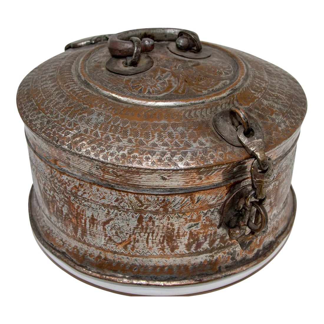 Antique South Asian Round Copper Bronze Box With Lid From India 19th C.: Antique 19th century beautiful handcrafted decorative round tinned copper bronze South Asian box with lid, latch and handle. A very fine antique Pandan or Betel Nut Box, or Chapati container, all