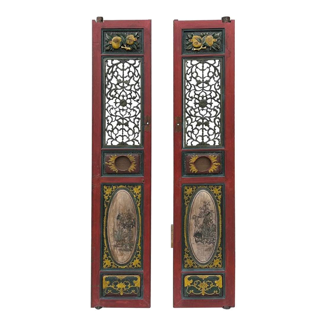 Pair Vintage Red Green Yellow Fujian Relief Carving Door Panels: Pair of Vintage Red, Green, and Yellow Fujian-Style Door Panels featuring bold relief carvings and intricate see-through scroll and geometric patterns. These exquisite panels showcase traditional