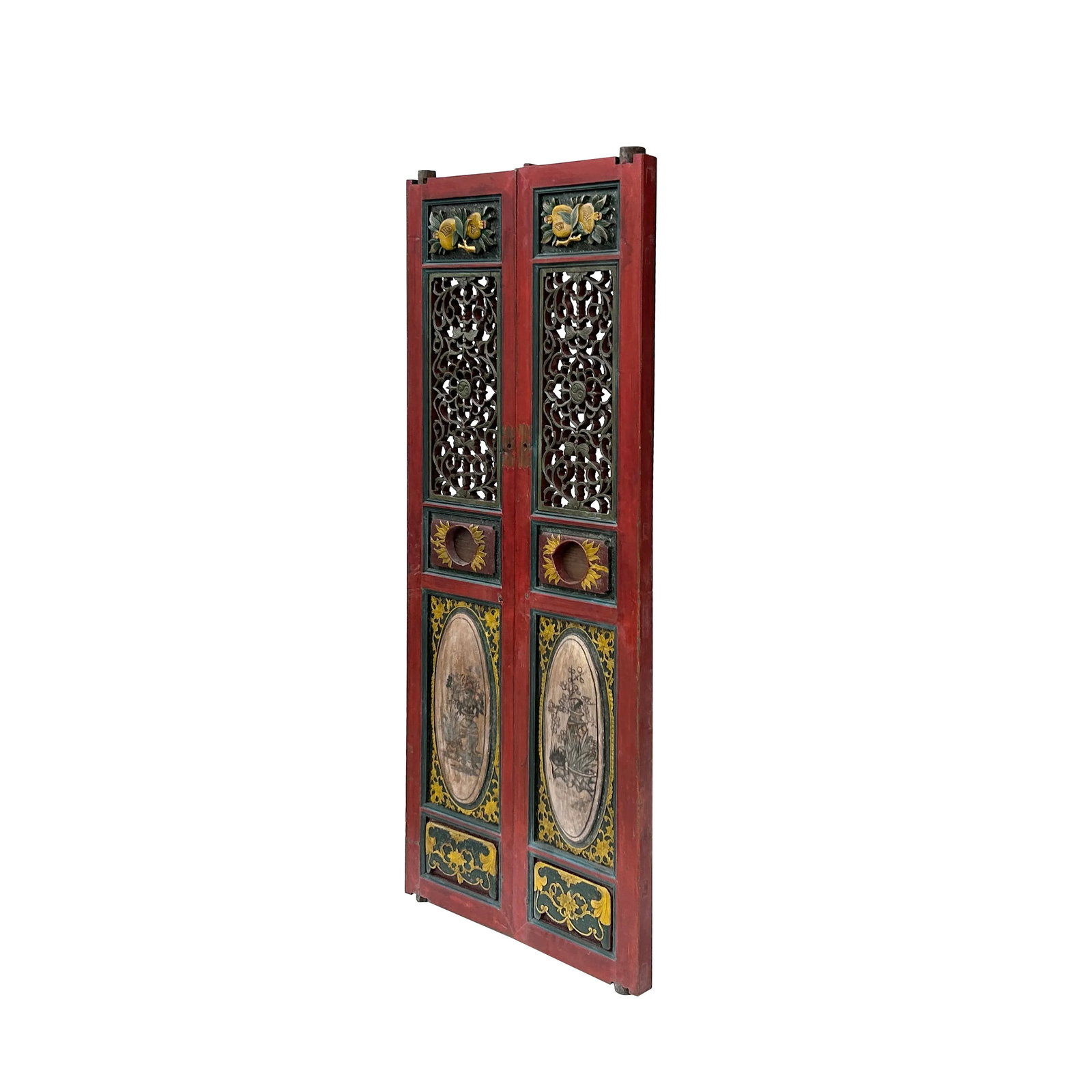 Pair Vintage Red Green Yellow Fujian Relief Carving Door Panels - 2