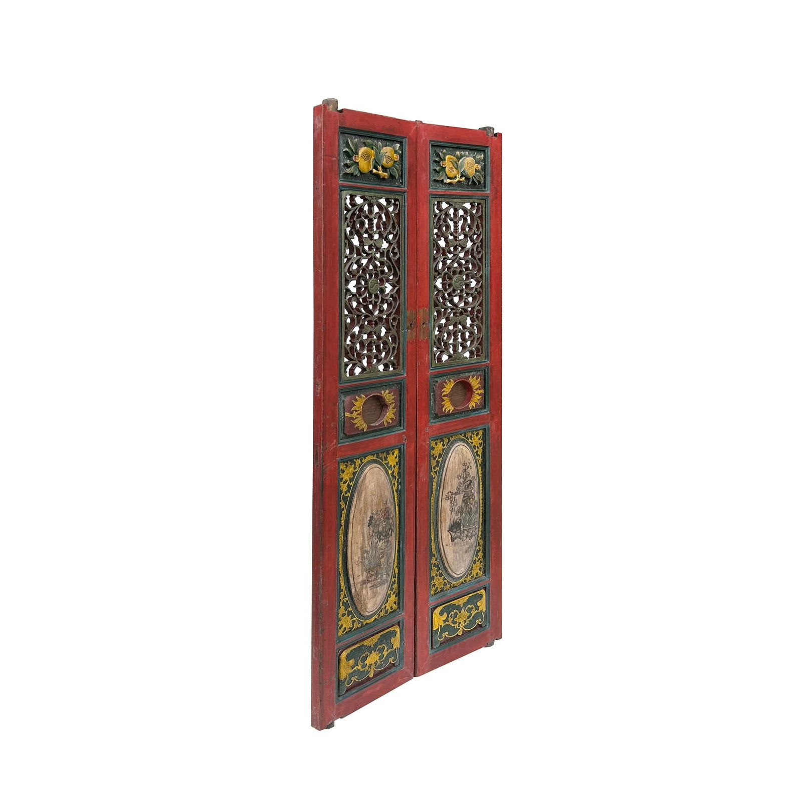 Pair Vintage Red Green Yellow Fujian Relief Carving Door Panels - 3