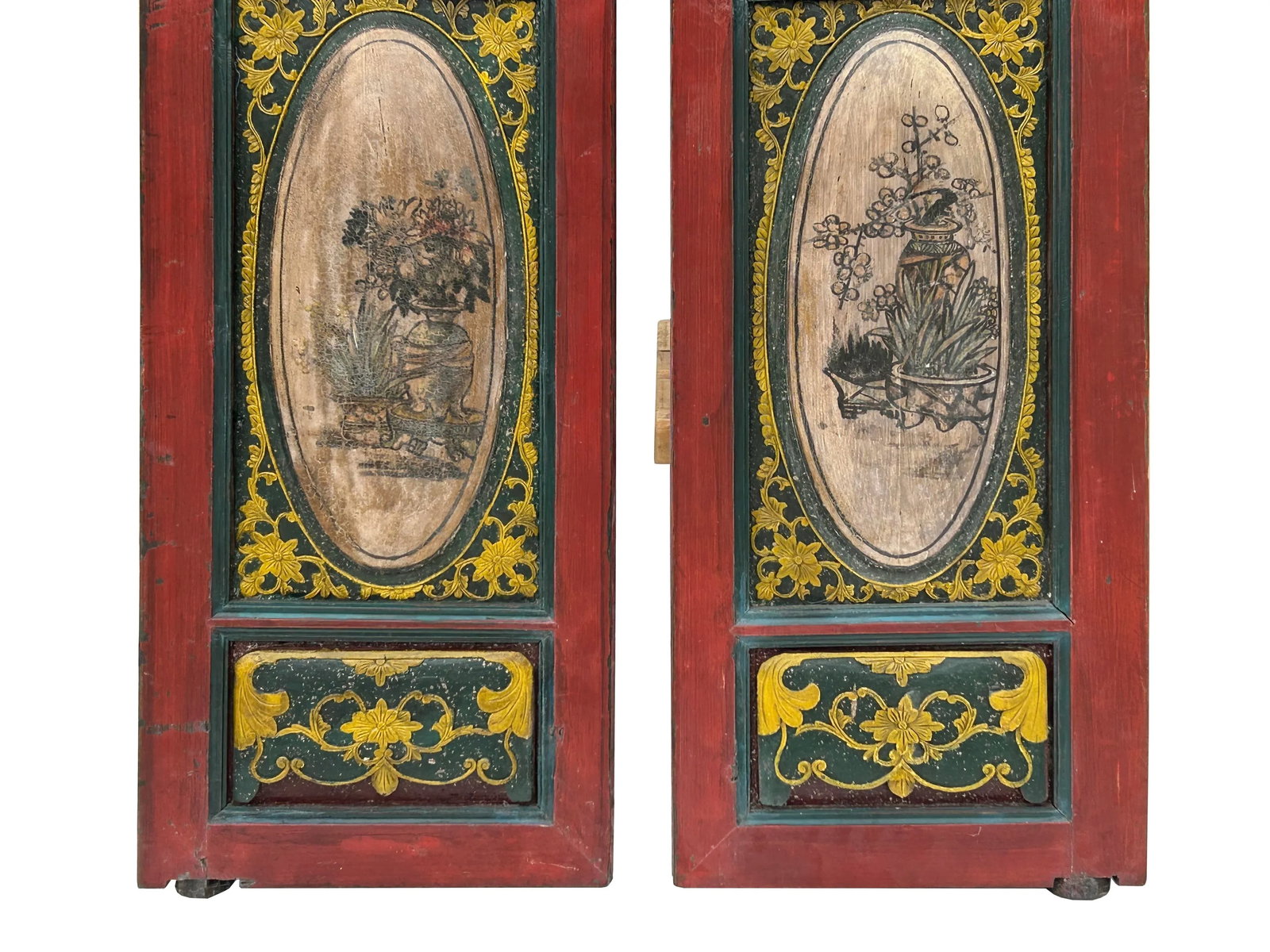 Pair Vintage Red Green Yellow Fujian Relief Carving Door Panels - 4