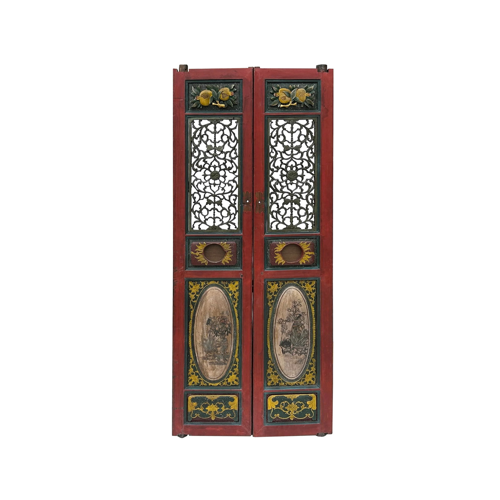 Pair Vintage Red Green Yellow Fujian Relief Carving Door Panels - 5