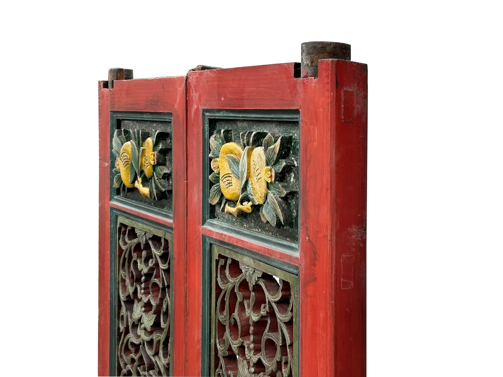 Pair Vintage Red Green Yellow Fujian Relief Carving Door Panels - 7