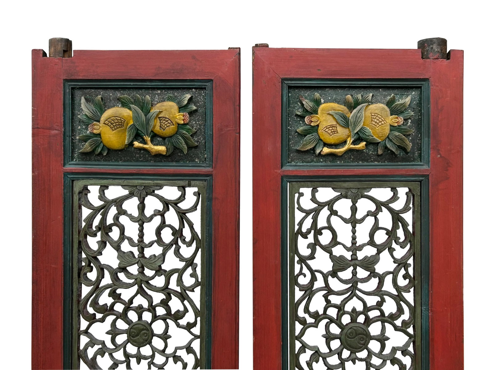 Pair Vintage Red Green Yellow Fujian Relief Carving Door Panels - 8