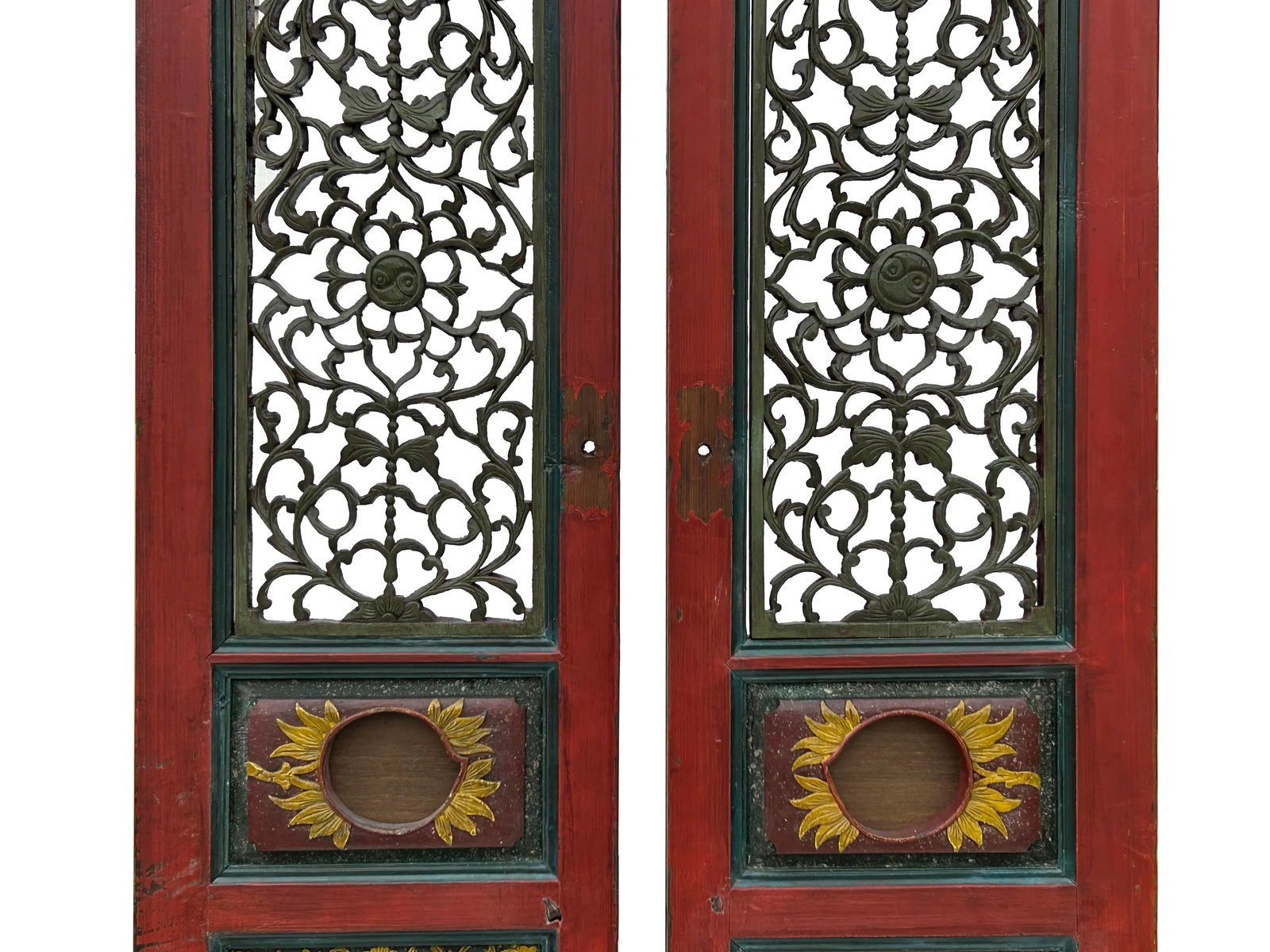 Pair Vintage Red Green Yellow Fujian Relief Carving Door Panels - 9