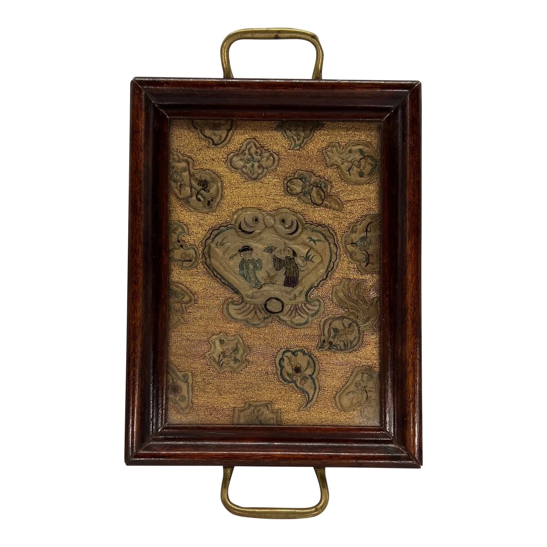 Beautiful & Fine Georgian Era Tray W/ Chinese Gold Thread Embroidery: This exquisite Georgian-era tray features a stunning panel of intricate Chinese gold thread embroidery, creating a luxurious and captivating centerpiece. The rich, finely woven embroidery showcases