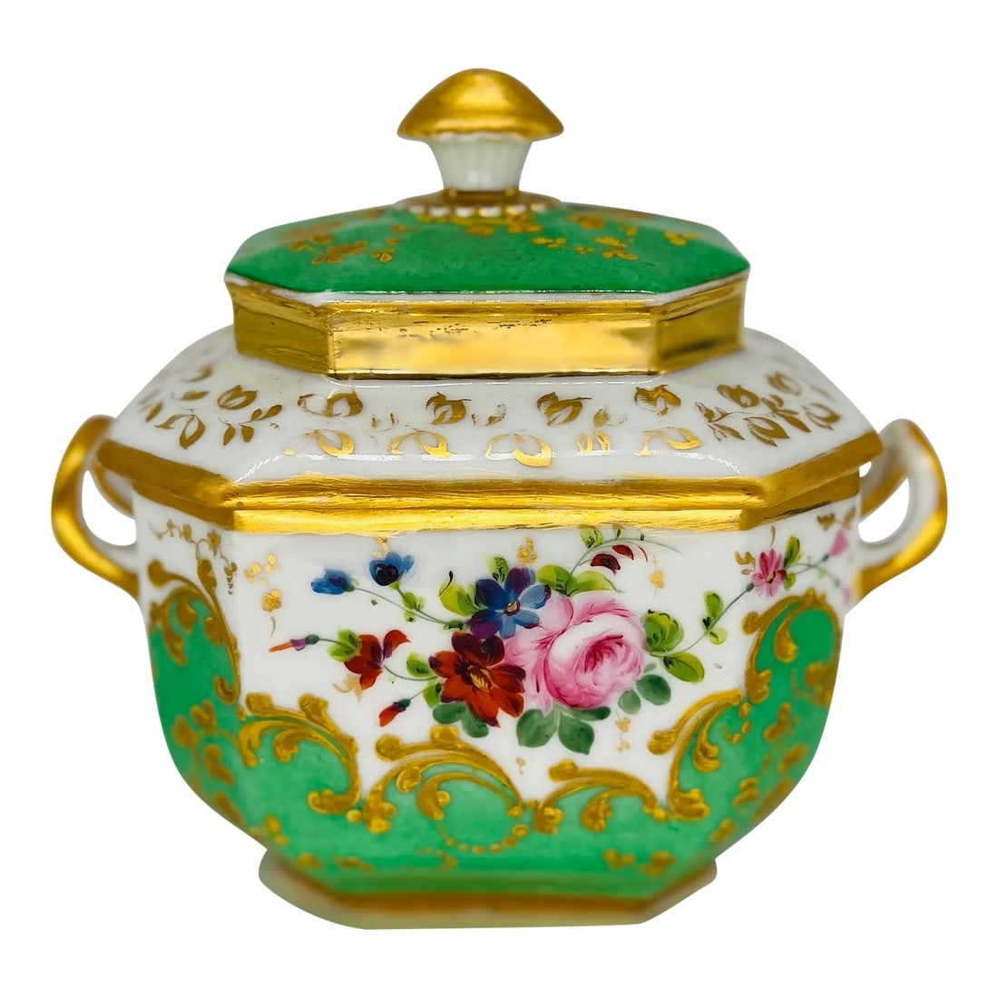 19th Century, Old Paris Porcelain Gilt & Floral Enamel Covered Sugar Bowl: This elegant 19th-century Old Paris porcelain covered sugar bowl exemplifies the refined craftsmanship and luxurious aesthetic of the period. The sugar bowl is richly adorned with hand-painted floral