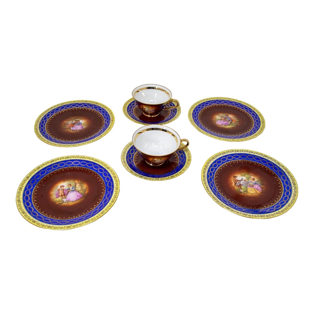 Fragonard Porcelain Hand Painted Matched Porcelain Cabinet Cup and Saucer Set: After Fragonard Painting Signed French Style Porcelain Hand Painted Matched Porcelain Cabinet 2 Cups with Saucer and 4 small plates. Manufactured by Handgemalt Germany Rembrand. Porcelain cabinet teac
