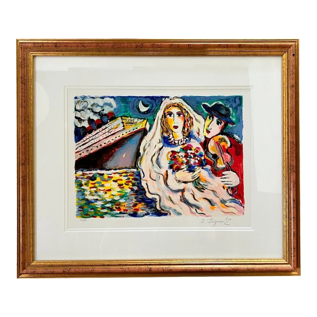 Zamy Steynovitz Serigraph, Framed, Signed & Numbered: Signed by artist and numbered 61/300, this brightly colored original serigraph has a double mat, UV protection Plexiglass and solid wood gold frame. Art size showing is 13.25" W x 10.25" H Framed size