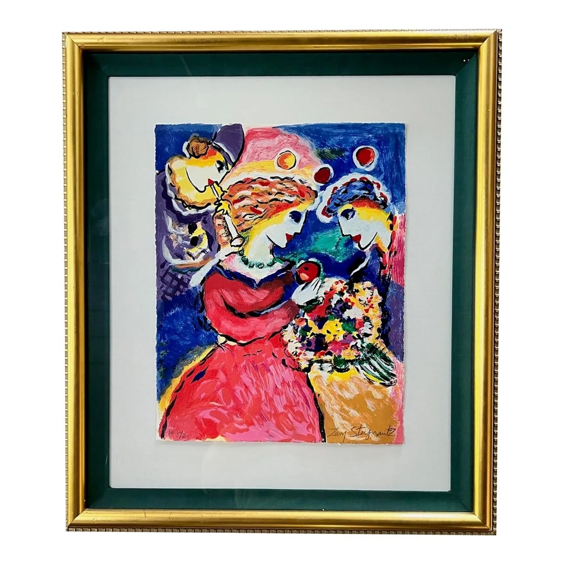 Signed Zamy Steynovitz Printer's Proof, Numbered: Framed Printer's Proof number 5/20, signed by the artist, is float-mounted over archival linen backing, UV-protective plexiglass, gold gilt solid-wood frame and teal fabric mat. Art size is 10.5" W x