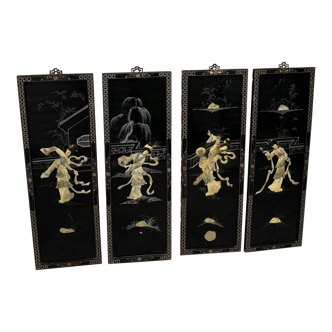 1950s Vintage Chinoiserie Geisha Asian Wall Panel Accents With Mother of Pearl Inlays - Set of 4, Fr (1 of 10)