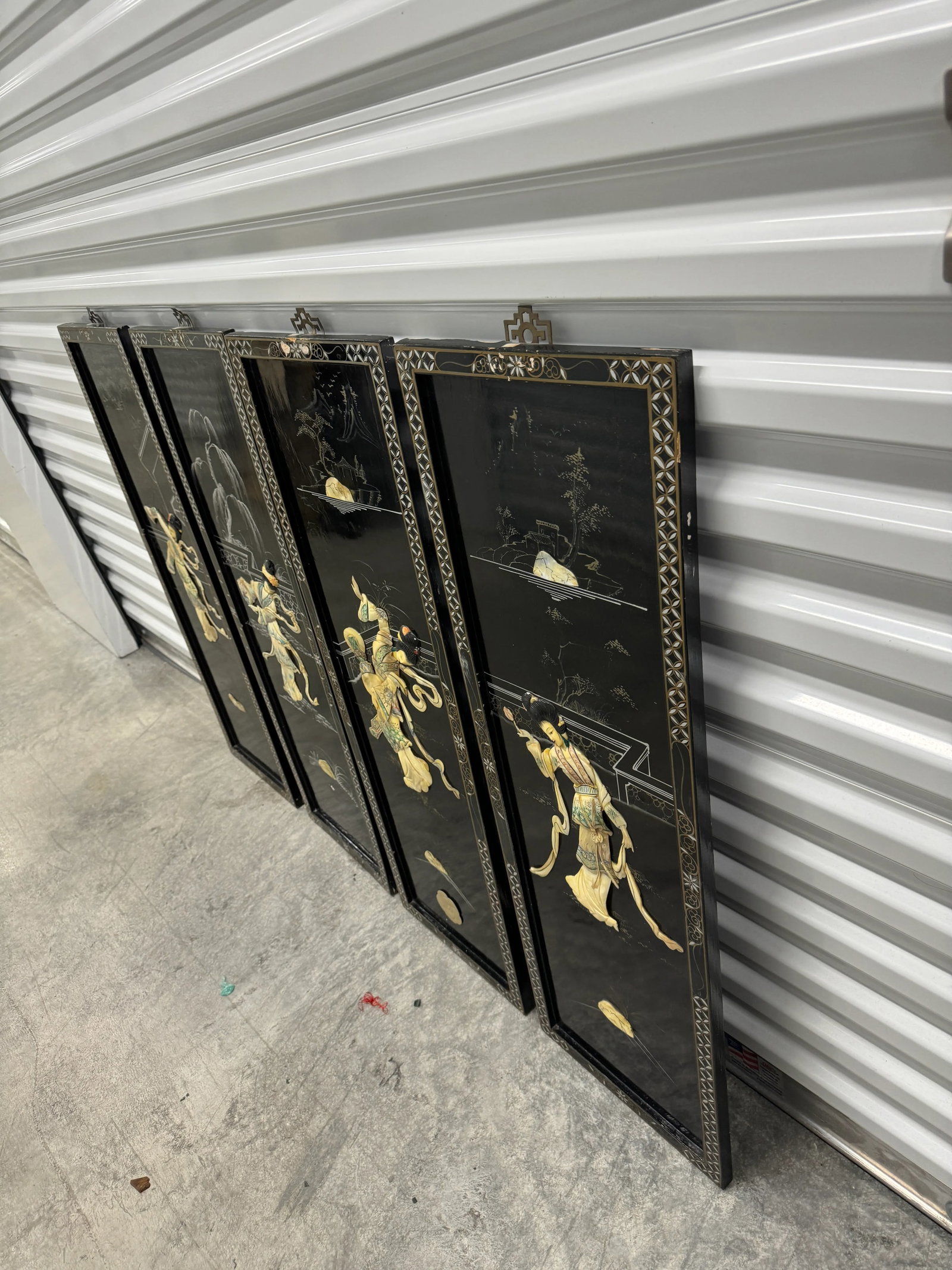 1950s Vintage Chinoiserie Geisha Asian Wall Panel Accents With Mother of Pearl Inlays - Set of 4, Fr - 8