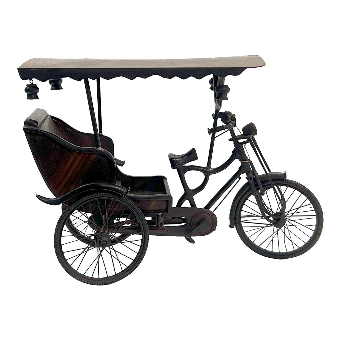 Chinese Rosewood Handmade Miniature Cycle Rickshaw Display Decor Art: The Chinese Rosewood Handmade Miniature Cycle Rickshaw is a finely detailed, artistic piece that reflects traditional craftsmanship and cultural charm. This miniature rickshaw is meticulously carved